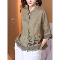 tree embroidery coffee green spring fall women tops ruffle sleeve buttoned cotton linen blouse korean casual office retro shirt