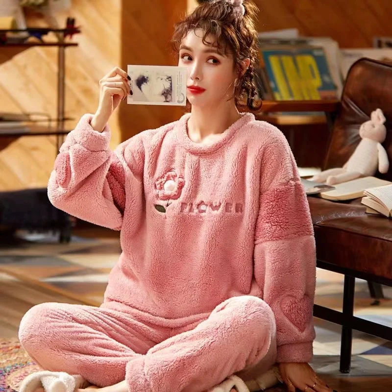 

Зимние женские пижамные комплекты, плотная теплая Пижама с круглым вырезом, 2 шт./компл., домашняя одежда, пижамные костюмы, женские пижамы из...