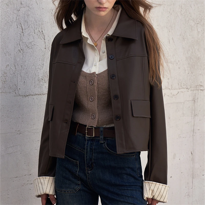 

Куртка-поло женская из экокожи, однобортный короткий тонкий жакет с воротником-поло, винтажная уличная мода, весна-осень