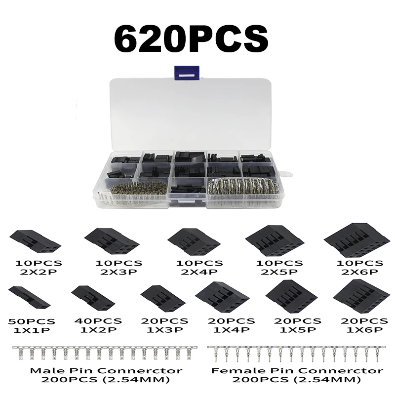 

200Pcs/Box 2.54mm Pitch JST SM/Dupont Jumper Wire Connector Kit 2/3/4/5Pin Male/Female Housing Pin Header Crimp Terminal Adapter