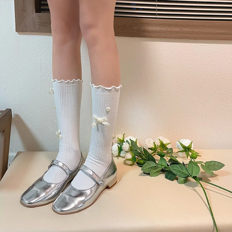 

SP&CITY Bow Pearl Decoration Lolita Cotton Socks Sweet Girl Lace Ruffle Cute Middle Tube Socks Korean Breathable Harajuku Sock