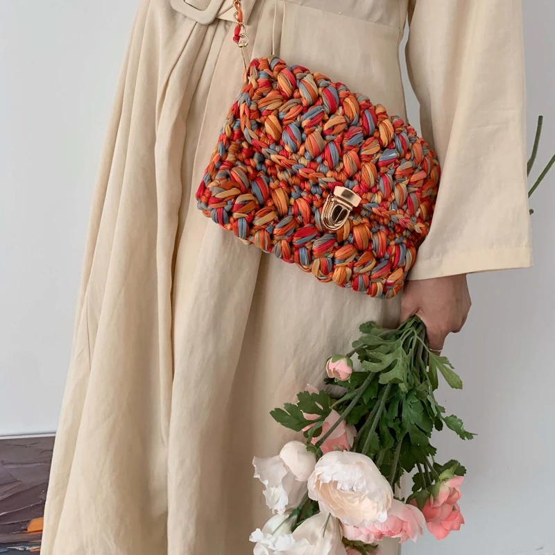 Fashion Cotton Woven Crossbody Bags for Women 2021 Crochet Hand-woven Messenger Bag   Chains Lock  Shoulder Bag Females