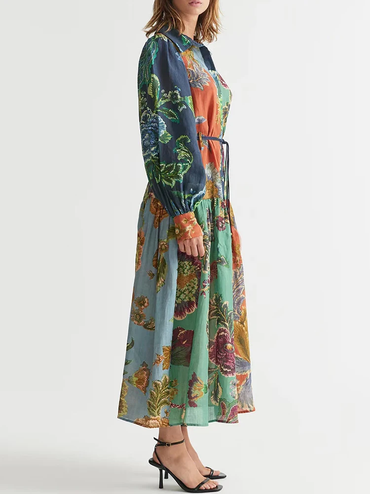 Женское длинное платье с цветочным принтом VGH Повседневное отложным воротником