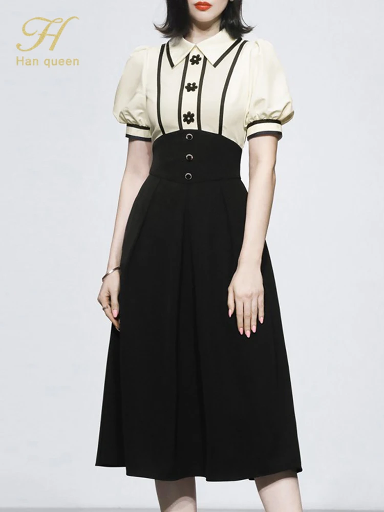 

H Han Queen Elegant Contrast Puff Sleeves Office Dress Women Summer Simple Basic A-Line Shirt Dresses Slim Casual Party Vestidos