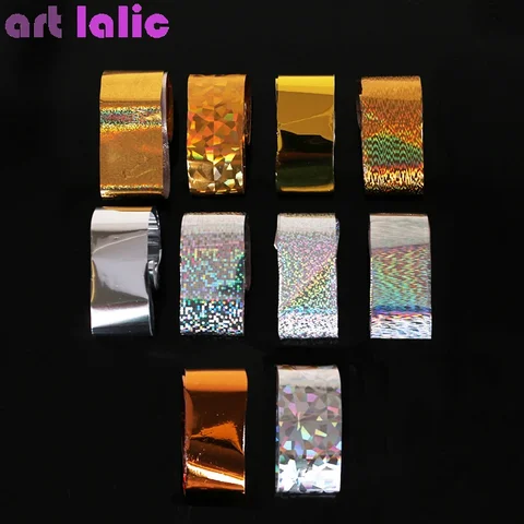 Голографическая наклейка для ногтей Art Lalic, золотой и серебряный, набор из 10 листов