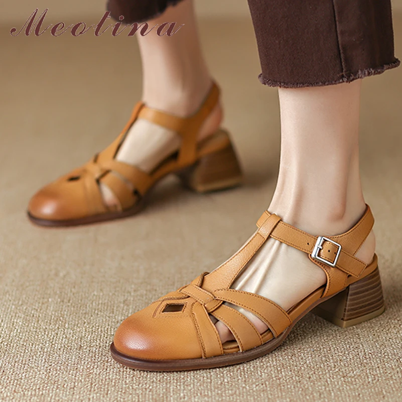 

Meotina Women Genuine Leather Round Toe Block Mid Heel Sandals Narrow Band Buckle Ladies Fashion Casual Shoes Summer Spring 40