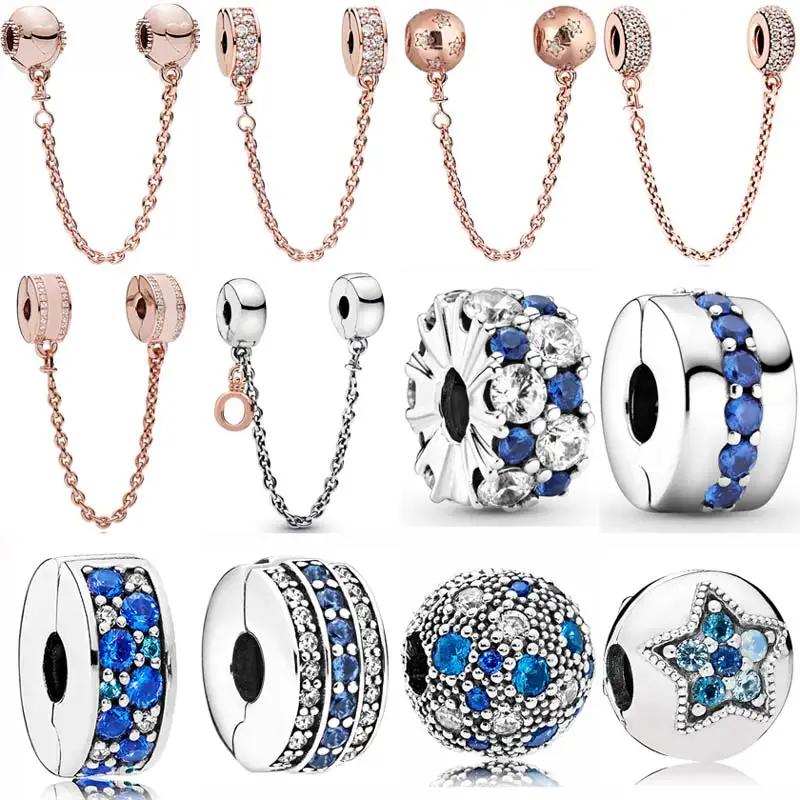 

Embossed Heart Shining Elegance Safety Chain Clear&amp Blue Clip Charm 925 Sterling Silver Beads Fit Fashion Bracelet Jewelry