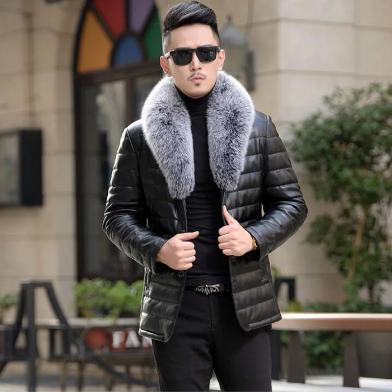 

Кожаная мужская зимняя новая куртка, Мужская короткая куртка с воротником из лисьего меха, приталенная 2023 Корейская куртка, мужское повседн...