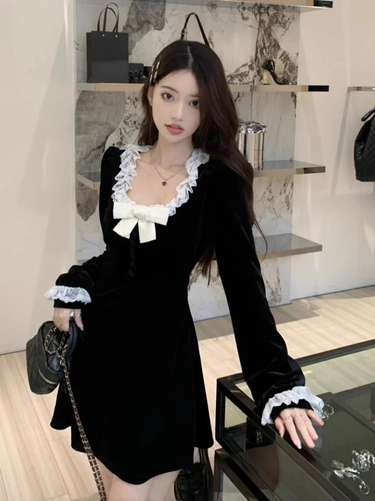 Винтажное черное платье женское весеннее с длинным рукавом шикарное вечернее