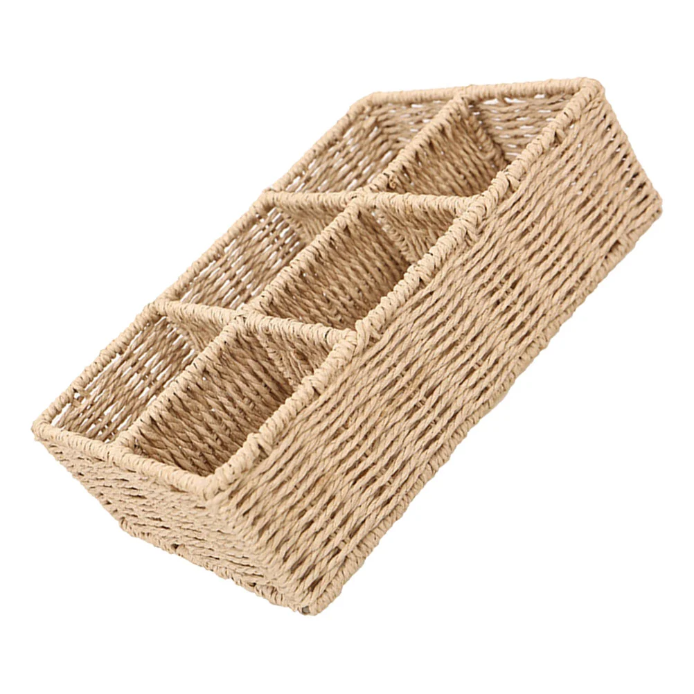

Basket Woven Organizer Storage Baskets Wicker Compartment Toilet Rattan Holder Makeup Bin Desktop Seagrass Paper Divided