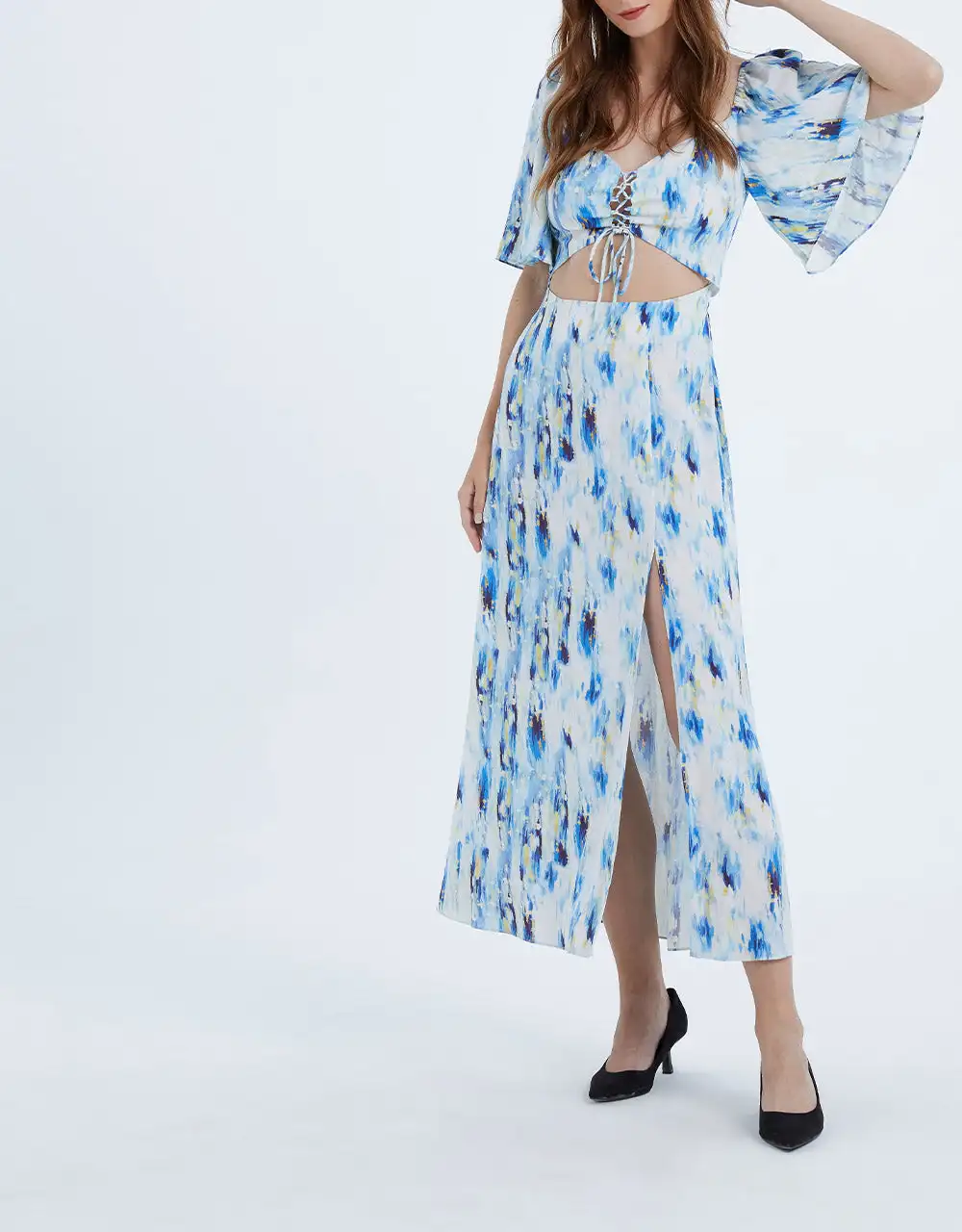 

Urban Revivo Floral Print Chiffon Dress Tie Front Cut Out Waist Summer Holiday Sundress Female Casual Short-sleeved Beach Dress