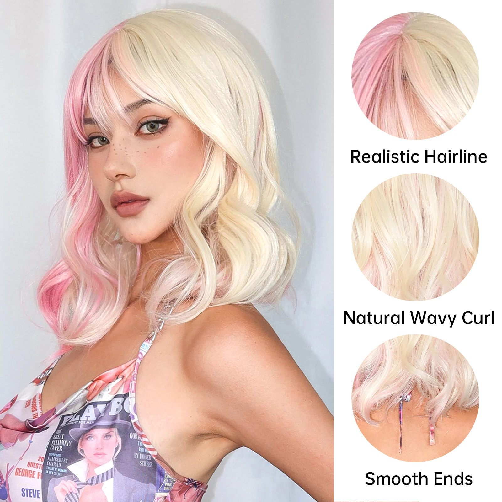 Короткие синтетические парики боб розовые блонд волнистые двухцветные