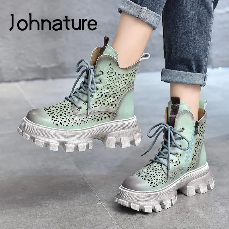 

Johnature Retro Shoes Women Sandals Genuine Leather Zip Hollow 2022 New Spring Summer Handmade Leisure Concise Platform Sandals