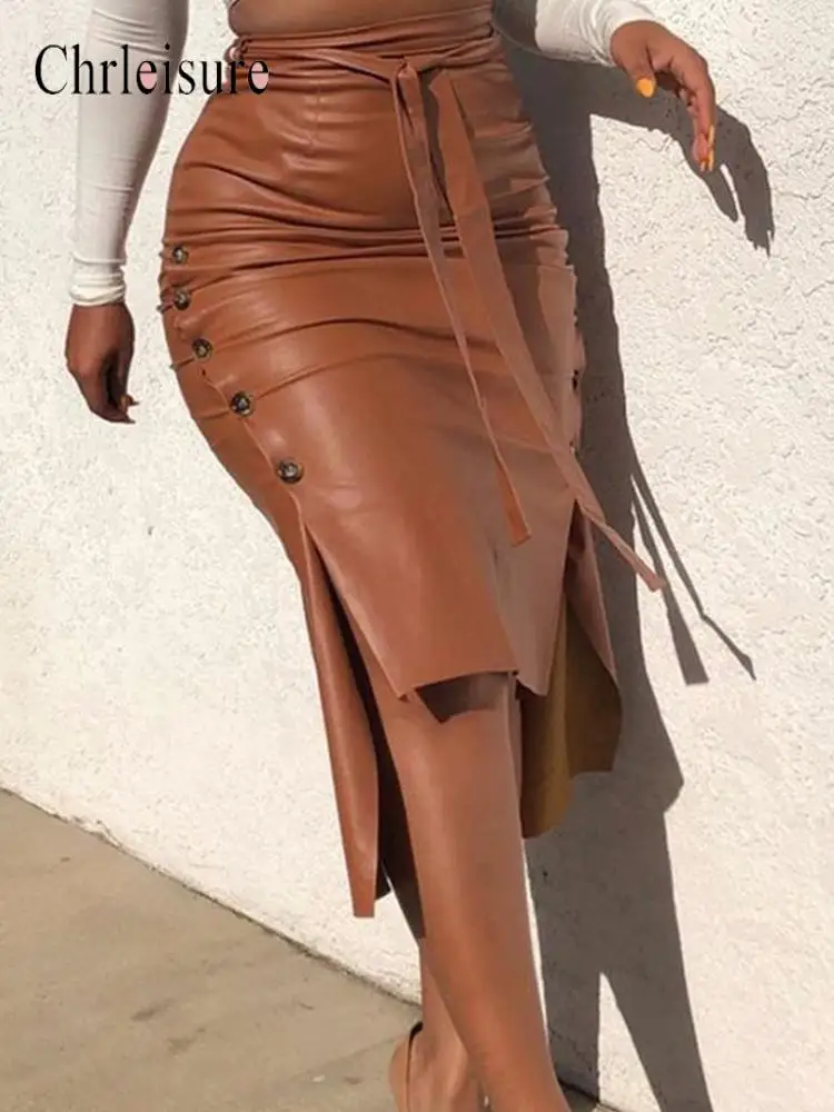 

Chrleisure Women Skirt Solid Color Hip Wrap Women Mini Skirts Sexy Slim Slit Long Dresses Woman Clothes Leather Skirt