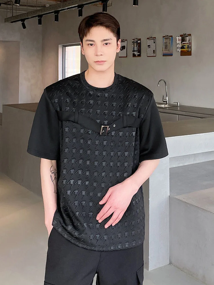 

Embossed Solid Colour Design Personalised Chest Lacing Decoration Men's Casual T-shirt Korean Style 2023 New Chic Top