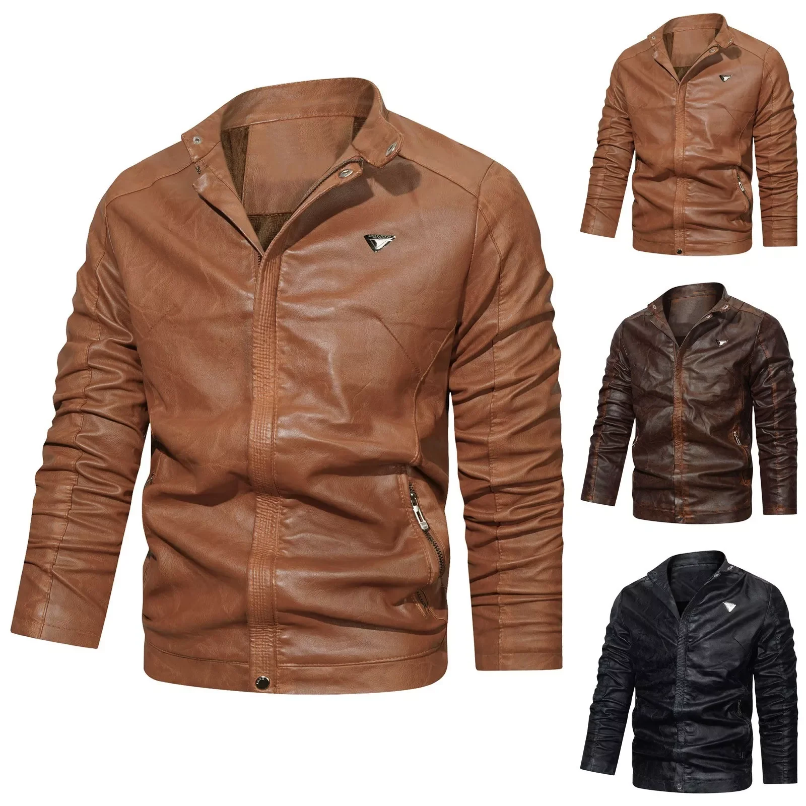 

Мужская кожаная куртка с длинным рукавом, однотонная теплая куртка с воротником-стойкой и капюшоном, Осень-зима