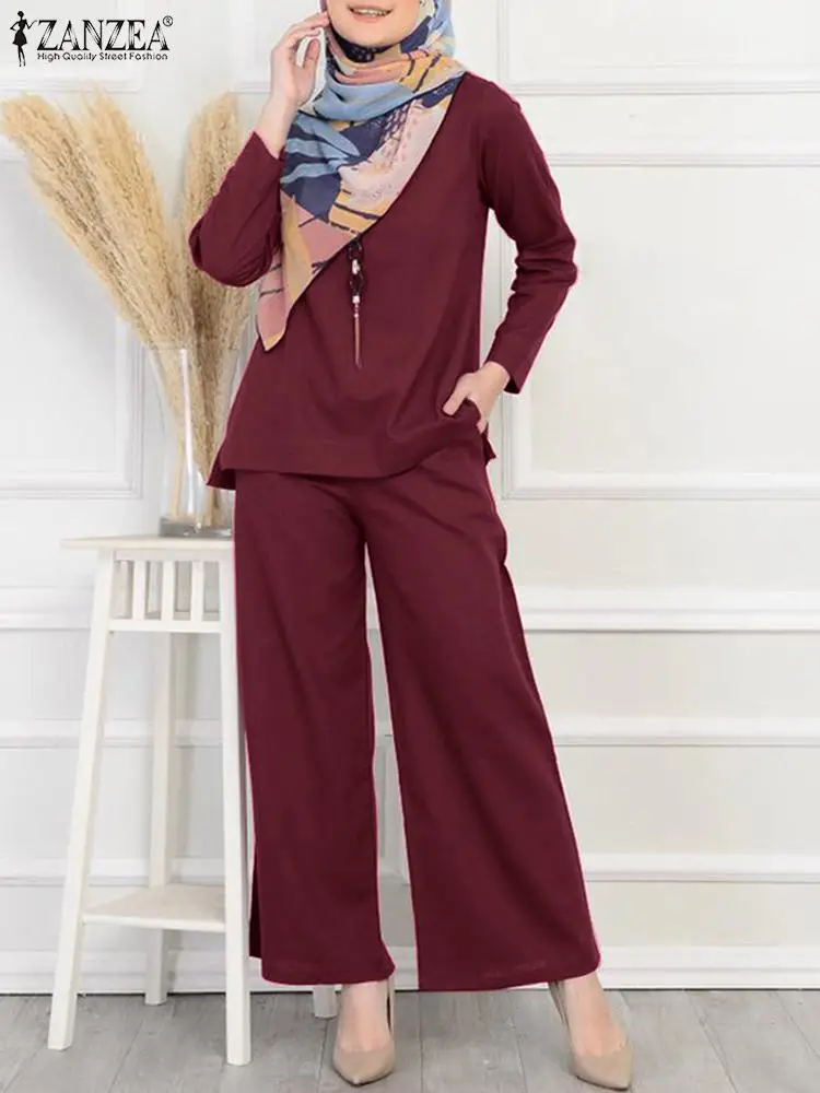 

2 Piece Set Muslim Urban Tracksuit ZANZEA Vintage Women Full Sleeve Blouse Pant Sets Fashion Wide Leg Trousers Matching Sets