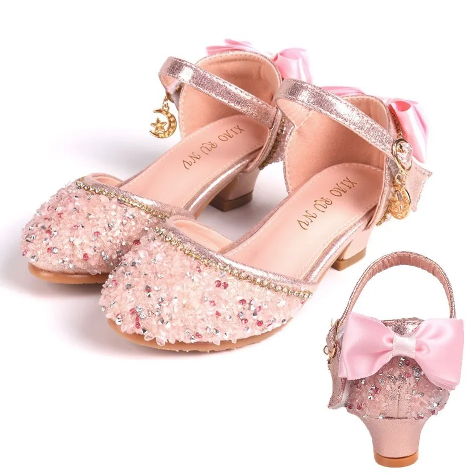 

Leather Shoes Girls Silver Sequins Sandals Pink Silver High-heeled Shoes Princess Dress Collocation Toddler Baby Shoes 26-34