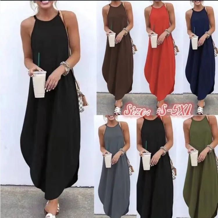 

Halter Sleeveless Beach Long Dresses Loose Waist Basic Midi Dress Pure Fashion Crewneck Solid Color Slip Dress