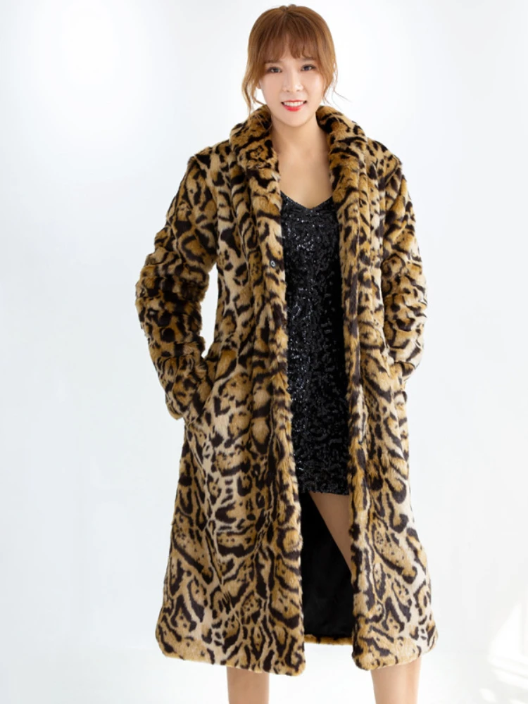 ICCLEK Large leopard fur coat Long female imitation mink Rex Rabbit Plush loose jacket Plush coat winter