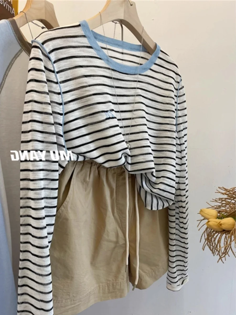 Leak-Picking Women clothes Big Brand Clearance Contrast Color Stripe round Neck Ice Silk Sun Protection Long sleeves Shirt Su...