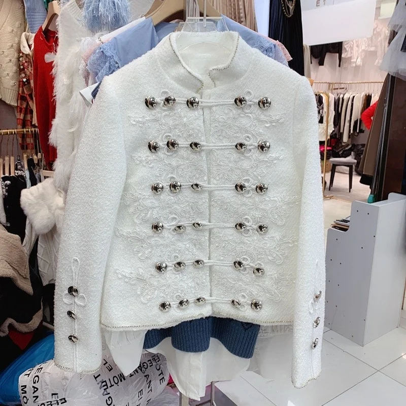 

New Designer Office Ladies White Stand Collar Buttons Suit Jacket Women Vintage Floral Embroidery Coat Slim Fit Party Jackets