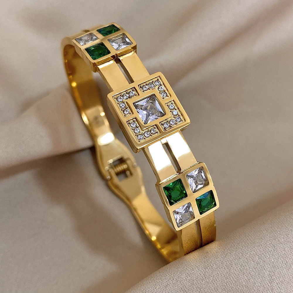 

Luxury Royal Emerald Green White Zircon Stainless Steel Bangle Cuff Bracelet Italian Charm Large CZ Waterproof Bangles Jewelry