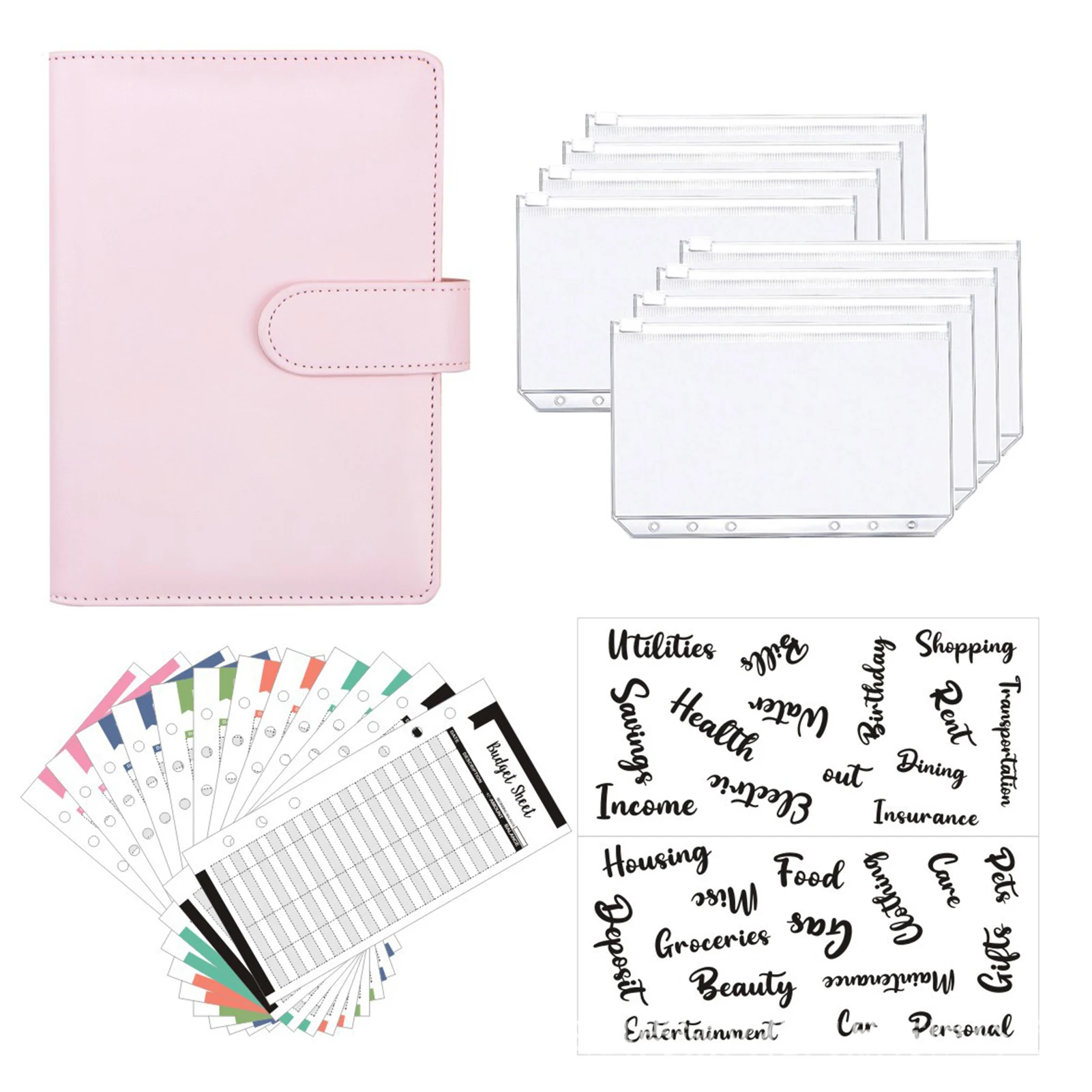 

Cash Envelope Budget Planner Organizer Travel Pockets PU Leather Office Label 6 Ring Money Saving Expense Diary Notebook Binder