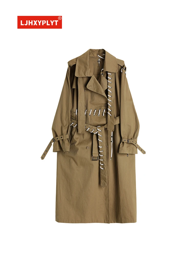 

Splicing Khaki Long Over-the-Knee Trench Coat Women's Spring And Autumn New Loose Drawstring Design Long Sleeve Jacket Female