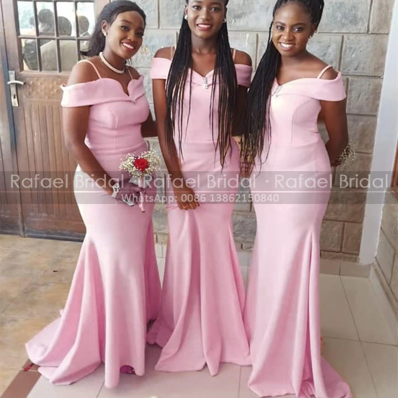 

Pink Mermaid Bridesmaid Dresses Long Spaghetti Straps Off Shoulder Girls Floor Length Trumpet Party Dress Maid Of Honor