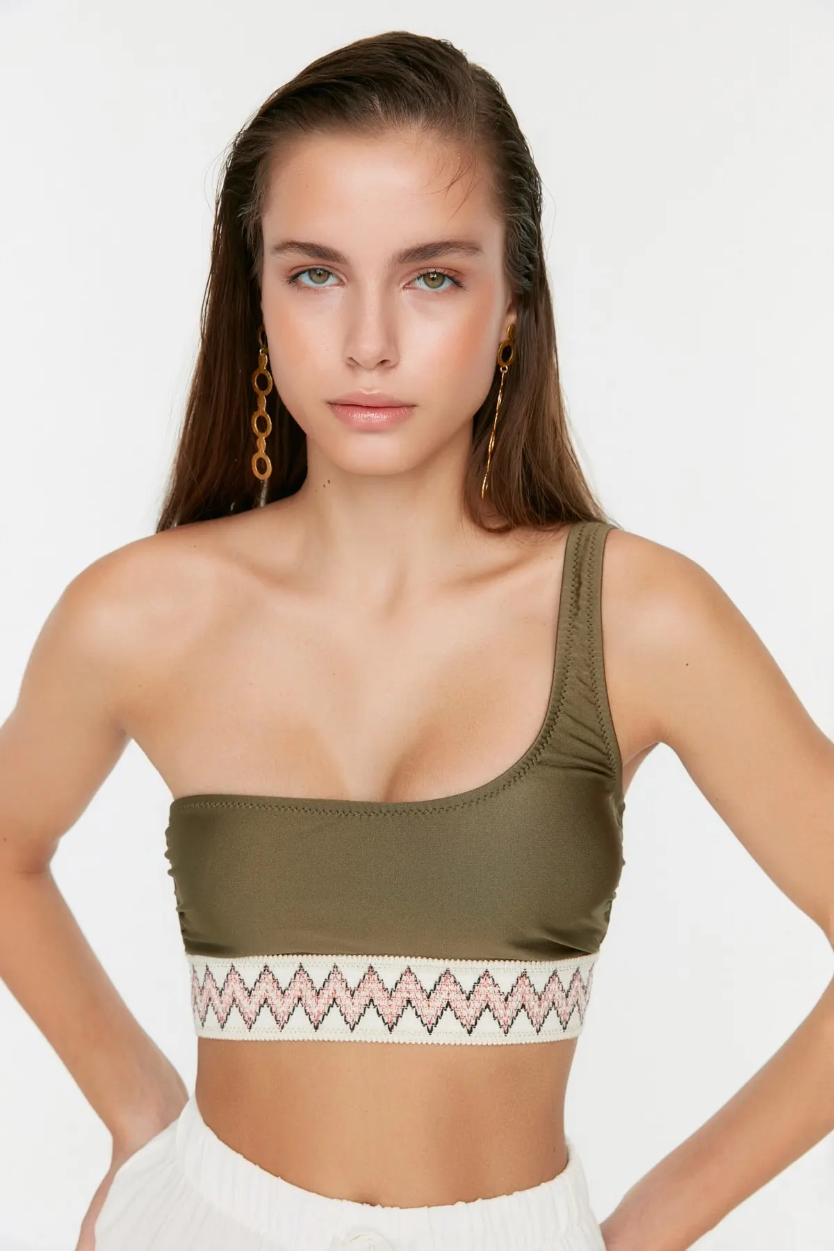 

Women's Bikini Khaki Stripe Accessory Detailed Bikini Top Swimwear Lady Swimsuit 2022 Summer New Pushup Bikinis