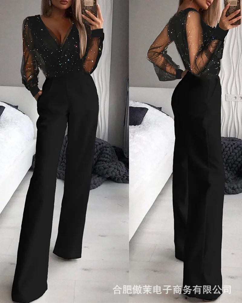 

Sexy V Neck Mesh Splicing Jumpsuit 2021 Summer Autumn Fashion New Black Long Sleeve Elegant Office Lady Jumpsuits Casual Pants
