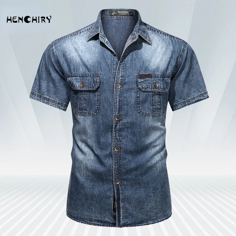 

Henchiry2022 летние новые мужские джинсовые рубашки с коротким рукавом Модные Винтажные джинсовые рубашки хлопковые приталенные Топы Классичес...