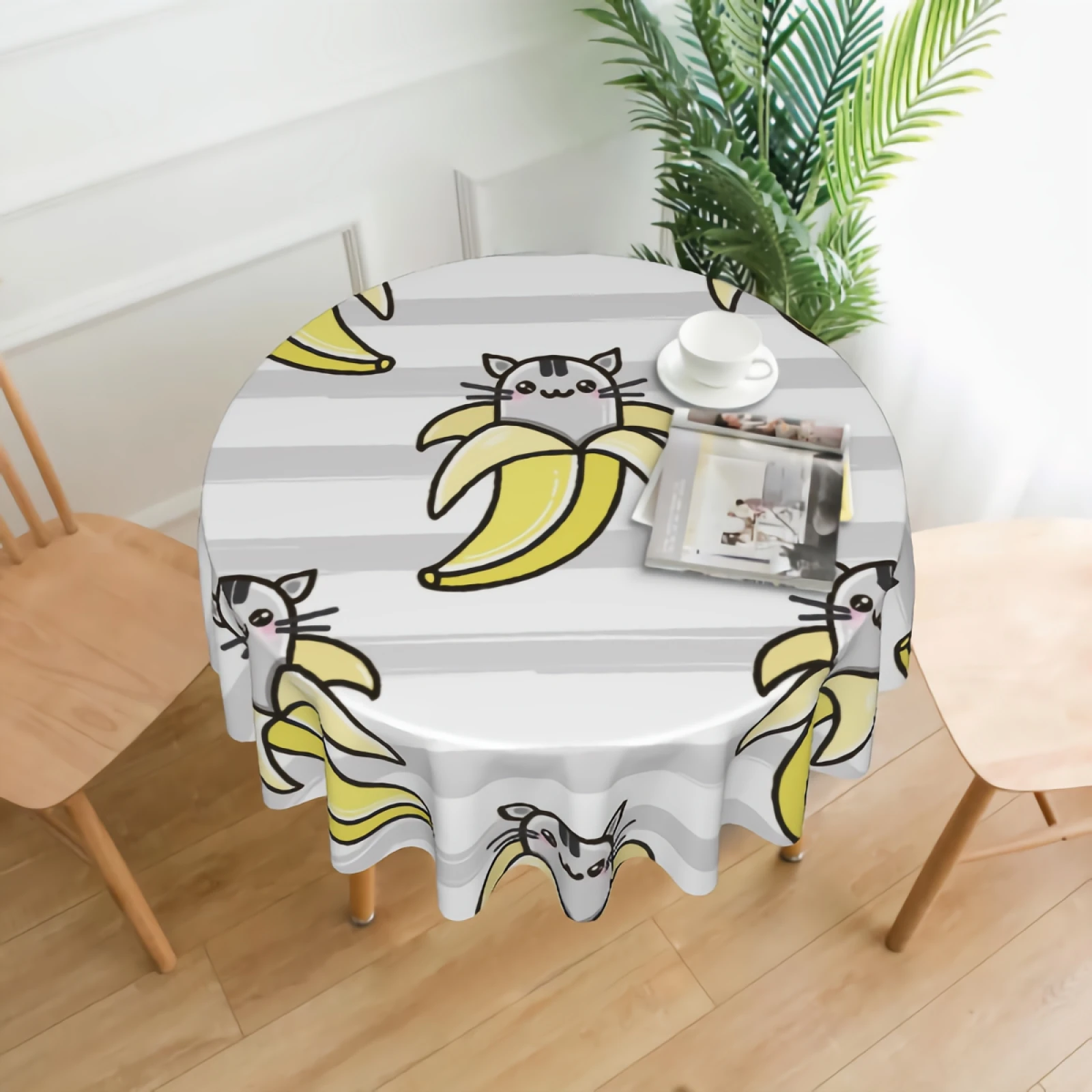 

Cute Cats In Bananas Tablecloth Washable Grey Stripe Background Round Tablecloths Circular Table Cover Cloths for Holiday
