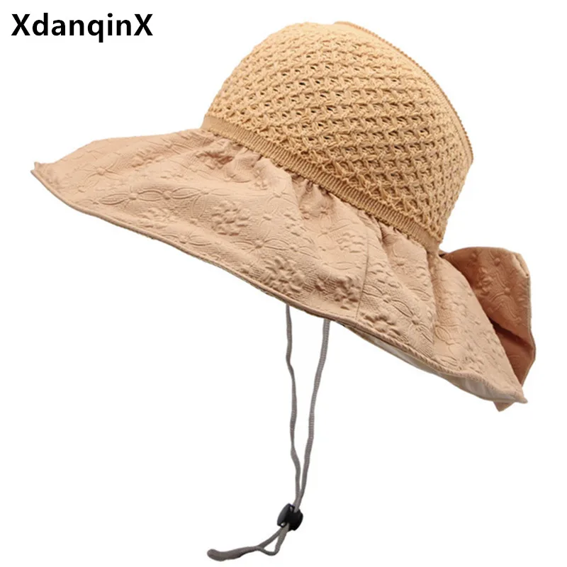 

New Summer Women's Hat Foldable Bucket Hats Bow Large Brim Sunscreen Beach Hat Camping Travel Hollow Breathable Empty Top Hat