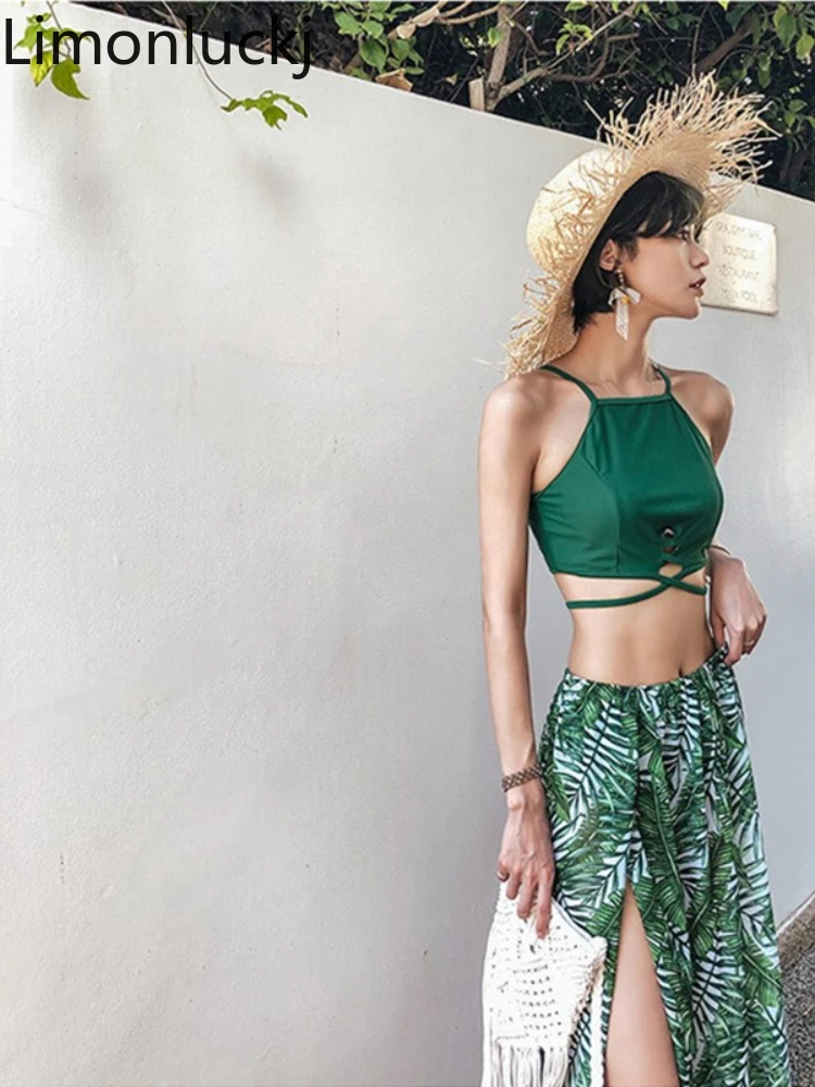 

Limonluckj 2022 New Bikini Swimwear Women Crop Tops + Long Skirt + Shorts Split Three Piece Swimsuit Korean Sexy Hot Spring