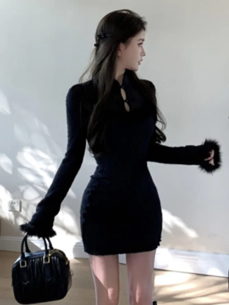 Винтажное мини-платье для женщин в китайском стиле с длинными рукавами