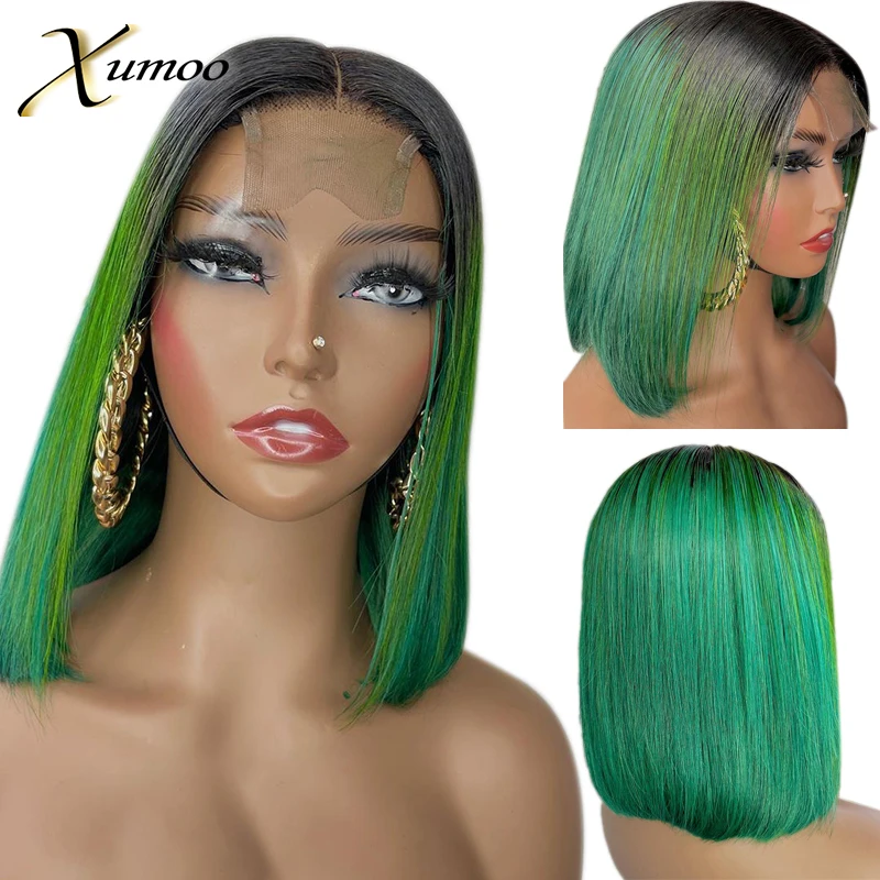 Short Bob Cut Green Ombre Color Straight Glueless Transparent 4x4 Lace Closure Human Hair Wigs Black Women Brazilian Prepluck