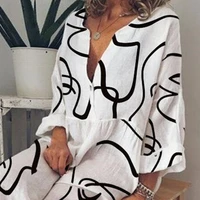 women casual v neck button long sleeve party maxi dresses femme robe vestidos hot sale abstract face print plus size white dress