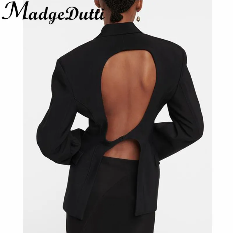 

3.27 MadgeDutti Black Temperament Mid-Length Single Button Collect Waist Sexy Backless Blazer Women