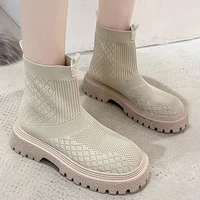 knitted booties thick bottom breathable elastic women boots casual mesh solid color sock boots round shape mid heel fashion new