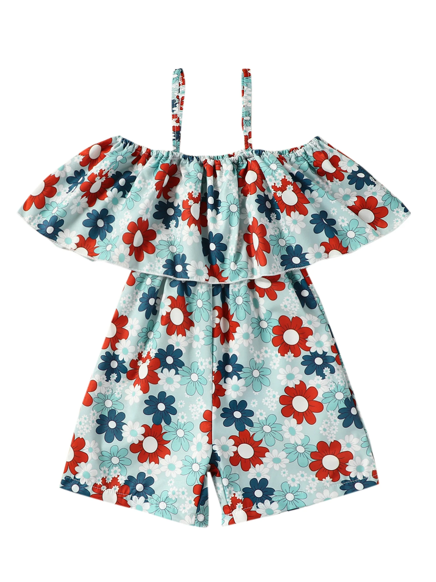 

4th of July Kids Girls Playsuit Flower Print Ruffles Boat Neck Sleeveless Cami Jumpsuits Summer Casual Clothes Bodysuits Romper