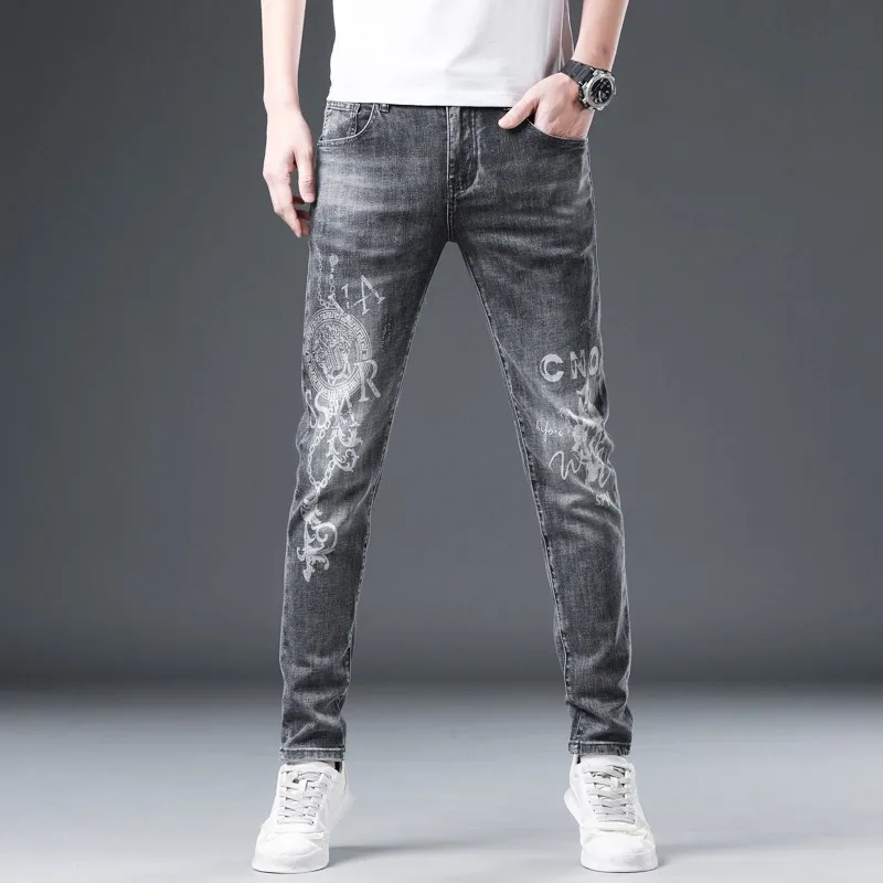 Summer Bull Embroidered Jeans Men European Station Thin Smoke Grey Slim Fit Small Foot Stomach Denim Pants High End Cotton Dress