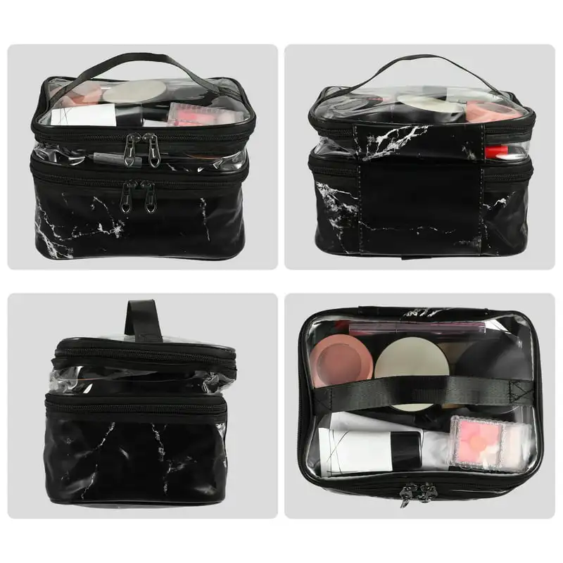 and White  Beautiful Double Layer Marble Pattern Makeup Bag Cosmetic Organizer Black and White - Perfect for Travel!