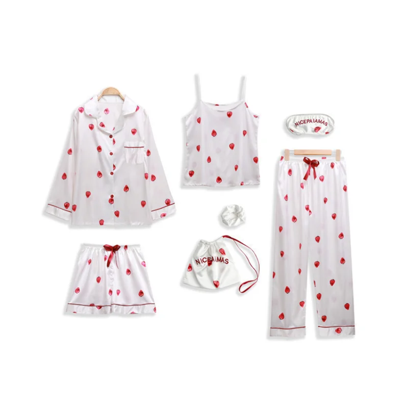 Pink 7 Pieces Women's Pajamas Sets Faux Silk Striped Pyjama Women's Pajamas Sleepwear Sets Spring Summer Homewear