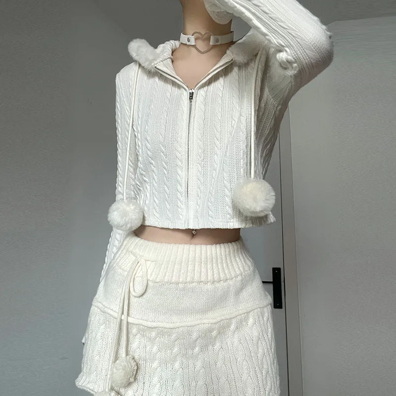 

Women's Fashion Autumn Winter Zipped Knitwear White Long Sleeve Plush Patchwork Hooded Sweater