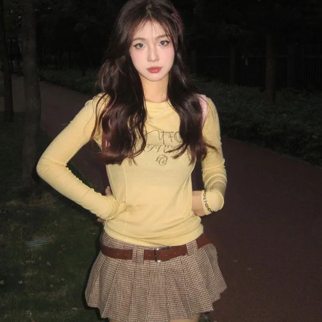 Y2k эстетичная желтая футболка с длинным рукавом 1920-х гранж в Корейском стиле Фея