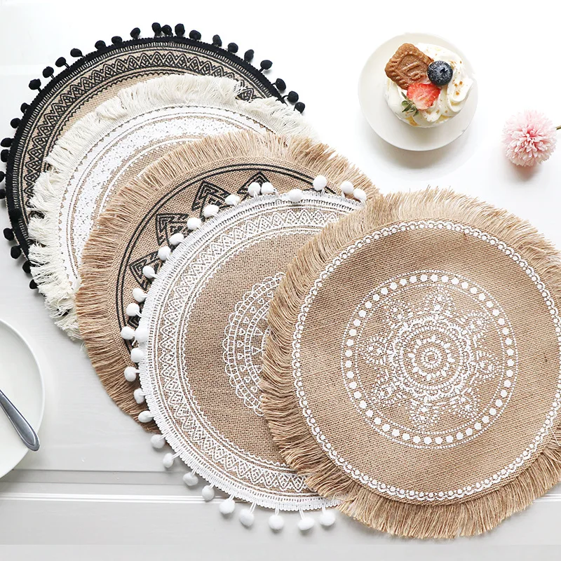 

Round Embroidery Table Placemat Woven Cotton Placemat Coffee Cup Mats Tableware Coaster Kitchen Decoration