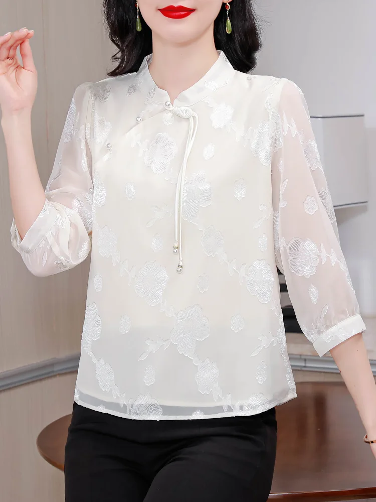 Новые китайские шифоновые рубашки с рукавом три четверти Женская одежда Весна и