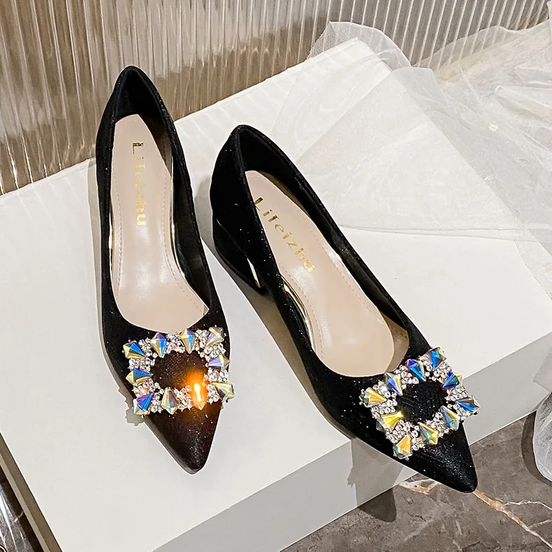 Women Pointed Toe Pumps Slip on Office Lady Wedding Bridesmaid Dress Shoes 5cm Med Heel Bling Crystal Chain Femle Soles D89